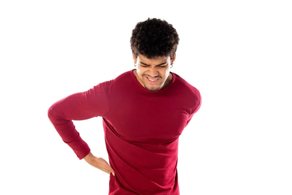 Söt Afrikansk Amerikansk Man Med Afro Frisyr Bär Vinröd Shirt — Stockfoto