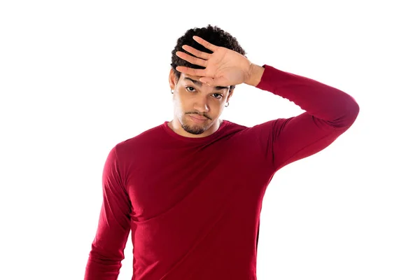 Cute African American Man Afro Hairstyle Wearing Burgundy Shirt Isolated — Stock Photo, Image