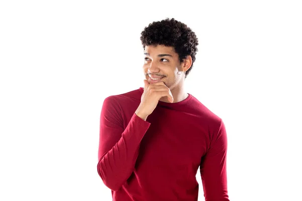 Söt Afrikansk Amerikansk Man Med Afro Frisyr Bär Vinröd Shirt — Stockfoto