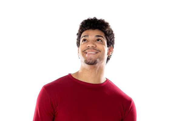 Cute African American Man Afro Hairstyle Wearing Burgundy Shirt Isolated — Stock Photo, Image