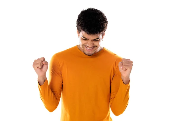 Cute African American Man Afro Hairstyle Wearing Orange Shirt Isolated — Stock Photo, Image