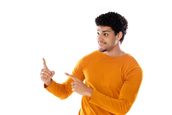 Cute African American Man Afro Hairstyle Wearing Orange Shirt Isolated — Stock Photo, Image