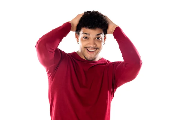 Lindo Hombre Afroamericano Con Peinado Afro Con Una Camiseta Borgoña —  Fotos de Stock