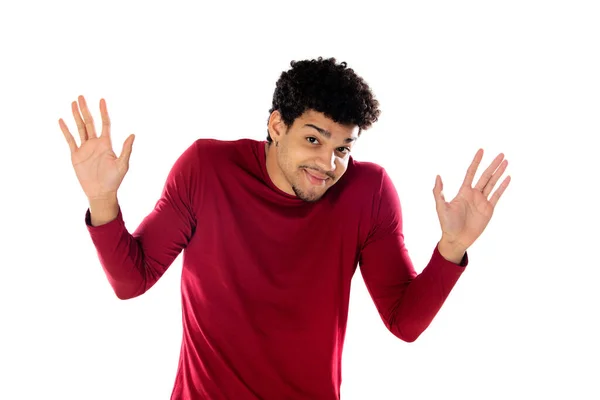 Cute African American Man Afro Hairstyle Wearing Burgundy Shirt Isolated — Stock Photo, Image