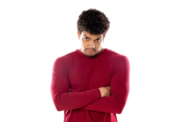 Cute African American Man Afro Hairstyle Wearing Burgundy Shirt Isolated — Stock Photo, Image