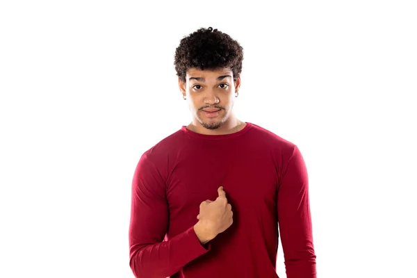 Cute African American Man Afro Hairstyle Wearing Burgundy Shirt Isolated — Stock Photo, Image