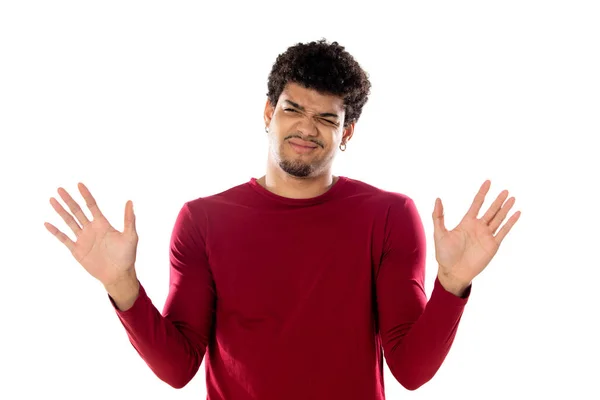 Cute African American Man Afro Hairstyle Wearing Burgundy Shirt Isolated — Stock Photo, Image