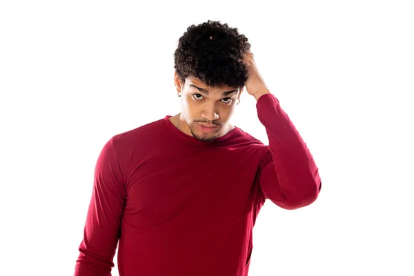 Cute African American Man Afro Hairstyle Wearing Burgundy Shirt Isolated — Stock Photo, Image