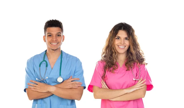 Profissionais Médicos Com Uniformes Coloridos Isolados Fundo Branco — Fotografia de Stock