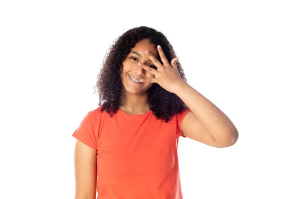 Primo Piano Sorridente Bambina Afroamericana Vestita Shirt Rossa Che Guarda — Foto Stock