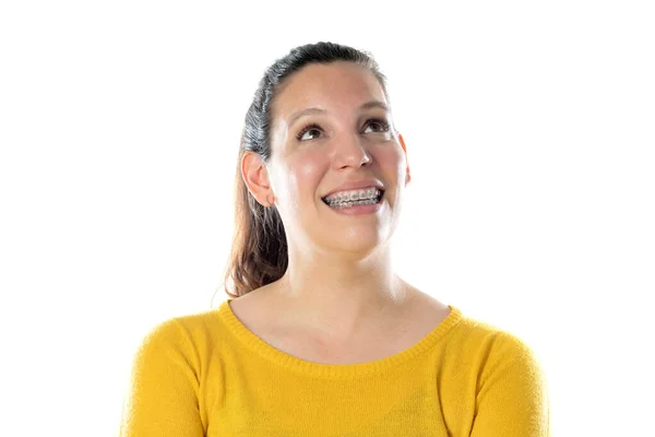 Adult Woman Braces Wearing Yellow Jersey Isolated White Background — Stock Photo, Image