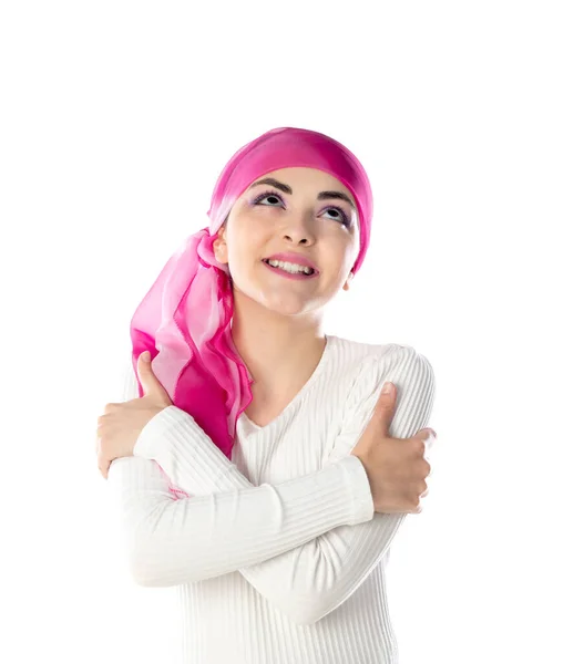Young Brunette Woman Wearing Pink Head Scarf Isolated White Background — 스톡 사진