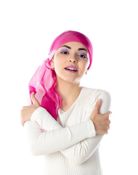 Jonge Brunette Vrouw Dragen Roze Hoofd Sjaal Geïsoleerd Een Witte — Stockfoto