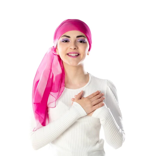 Giovane Donna Bruna Con Testa Rosa Sciarpa Isolata Uno Sfondo — Foto Stock