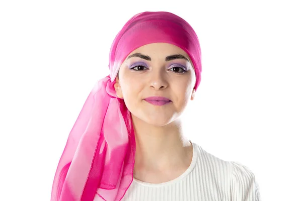 Young Brunette Woman Wearing Pink Head Scarf Isolated White Background — 스톡 사진
