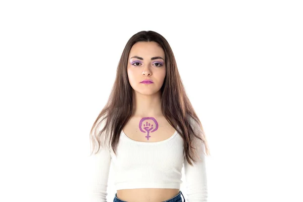 Young Woman Purple Makeup Feminism Activism Concept Drawing Her Body — Stock Photo, Image