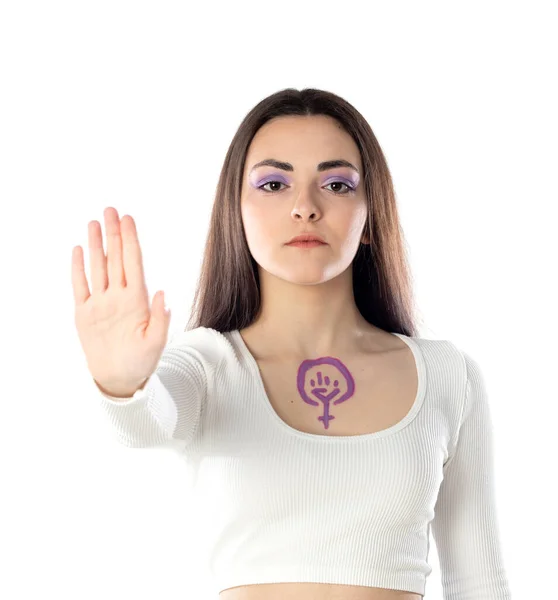 Young Woman Purple Makeup Feminism Activism Concept Drawing Her Body — Stock Photo, Image