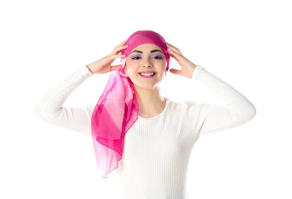 Young Brunette Woman Wearing Pink Head Scarf Isolated White Background — Stock Photo, Image