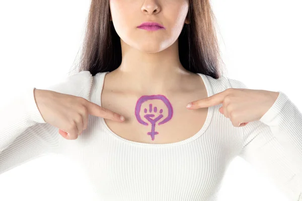 Young Woman Purple Makeup Feminism Activism Concept Drawing Her Body — 스톡 사진