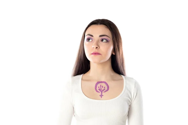 Jovem Com Maquiagem Roxa Com Conceito Ativismo Feminismo Desenhando Seu — Fotografia de Stock