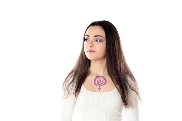 Mujer Joven Con Maquillaje Morado Con Concepto Activismo Feminista Dibujando — Foto de Stock