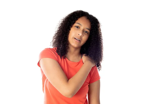 Mooie Afrikaanse Tiener Met Afro Haar Geïsoleerd Een Witte Achtergrond — Stockfoto