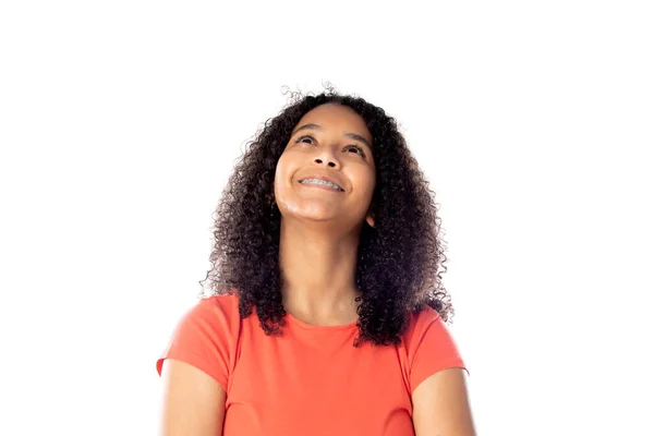 Mooie Afrikaanse Tiener Met Afro Haar Geïsoleerd Een Witte Achtergrond — Stockfoto