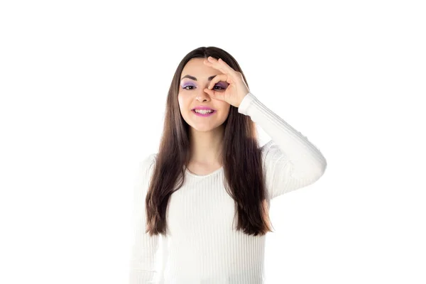 Brünette Teenager Mädchen Mit Lila Make Isoliert Auf Weißem Hintergrund — Stockfoto