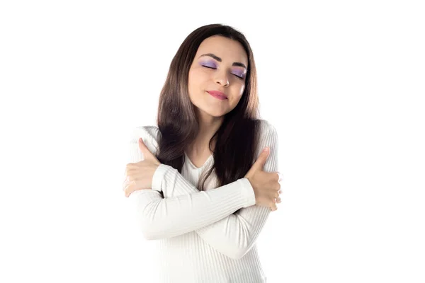 Brunette Teenager Girl Purple Makeup Isolated White Background — Stock Photo, Image