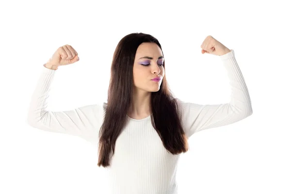 Brunette Tiener Meisje Met Paarse Make Geïsoleerd Een Witte Achtergrond — Stockfoto