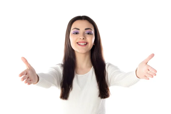 Retrato Hermosa Adolescente Con Maquillaje Púrpura Primer Plano Aislado Sobre — Foto de Stock