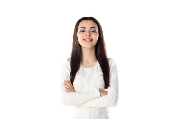Portret Pięknej Nastolatki Fioletowy Makijaż Zbliżenie Izolowane Białym Tle — Zdjęcie stockowe