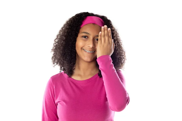 Adolescente Africano Bonito Vestindo Uma Faixa Cabeça Rosa Isolada Fundo — Fotografia de Stock