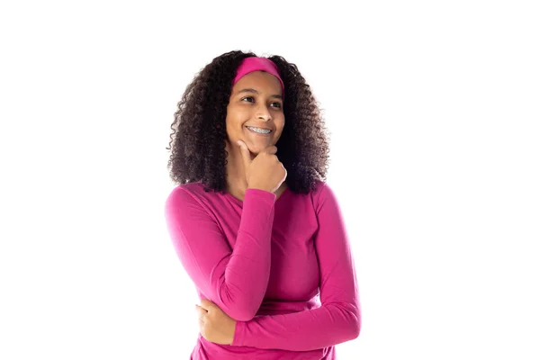 Cute African Teenager Wearing Pink Headband Isolated White Background — Stock Photo, Image