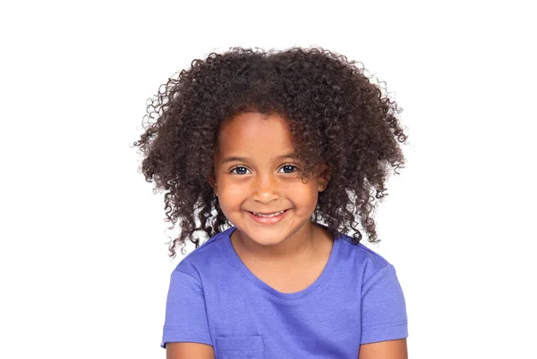 Όμορφο Αφροαμερικανό Κοριτσάκι Μπλε Μπλουζάκι Απομονωμένο Λευκό Φόντο — Φωτογραφία Αρχείου