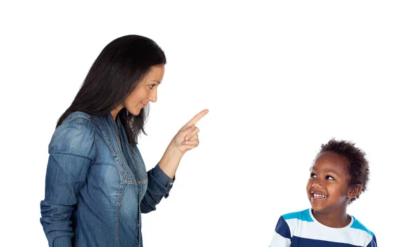 Женщина Говорит Указывает Указательным Пальцем Своего Мальчика — стоковое фото