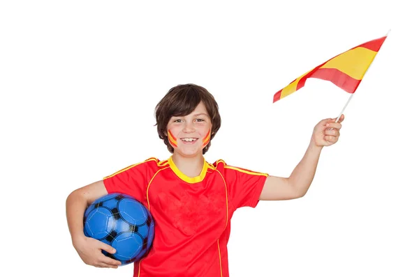 Glad Liten Spansk Fan Med Boll Och Flagga Isolerad Vit — Stockfoto
