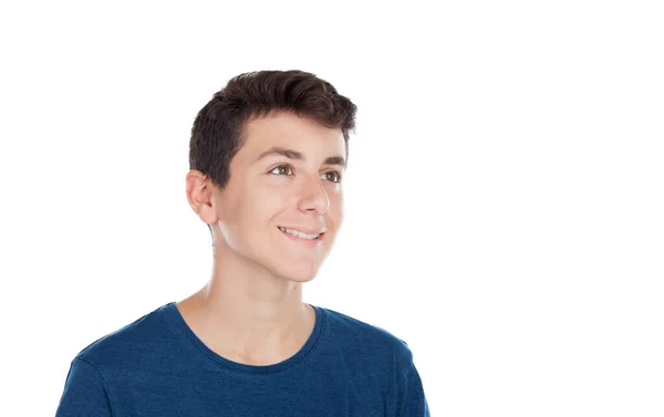 Teenager Junge Trägt Lässiges Blaues Shirt Auf Weißem Hintergrund — Stockfoto