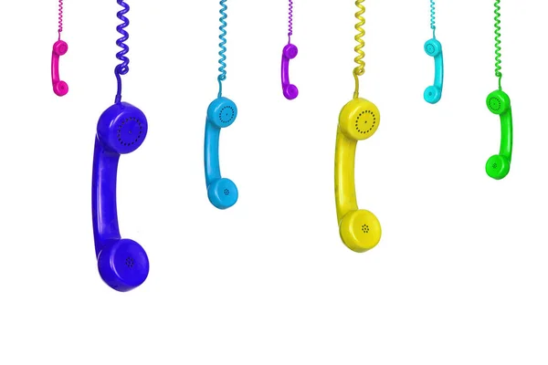 Many Colorful Vintage Phones Hanging Isolated White Background — Stock Photo, Image