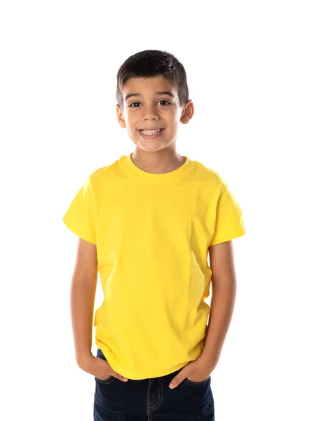 Adorable Latin Boy Weraring Yellow Shirt Isolated White Background — Stockfoto