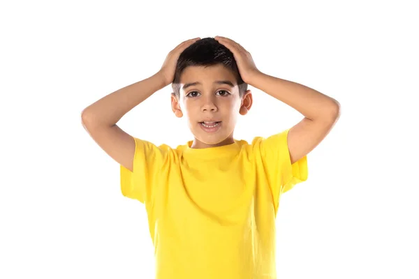 Adorable Latin Boy Weraring Yellow Shirt Isolated White Background — Zdjęcie stockowe