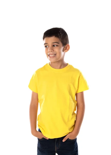 Adorable Latin Boy Weraring Yellow Shirt Isolated White Background — Zdjęcie stockowe