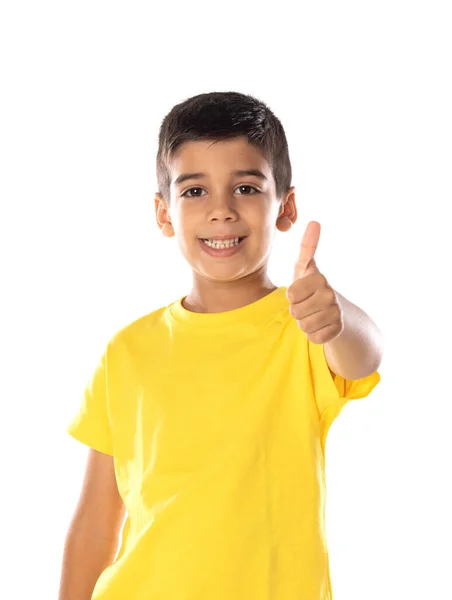 Adorable Latin Boy Weraring Yellow Shirt Isolated White Background — Fotografia de Stock