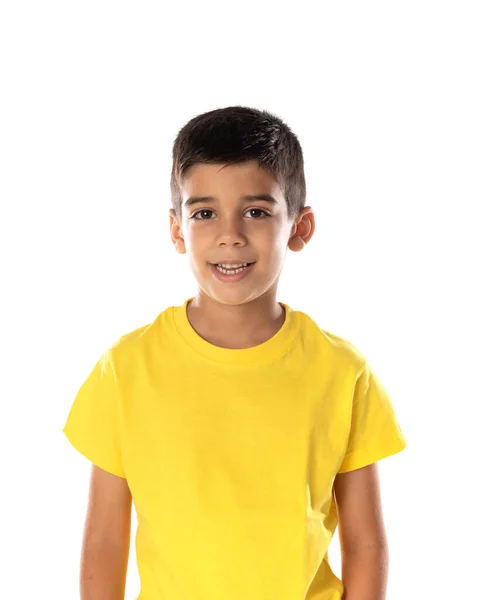 Adorable Latin Boy Weraring Yellow Shirt Isolated White Background — Fotografia de Stock