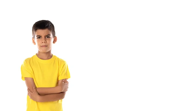 Adorable Latin Boy Weraring Yellow Shirt Isolated White Background — Foto de Stock