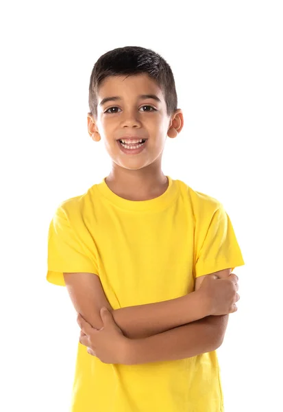 Αξιολάτρευτο Λατίνο Αγόρι Που Φοράει Ένα Κίτρινο Μπλουζάκι Απομονωμένο Λευκό — Φωτογραφία Αρχείου