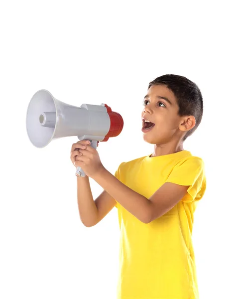 Adorable Latin Boy Weraring Yellow Shirt Speaking Megaphone Isolated White — Foto Stock
