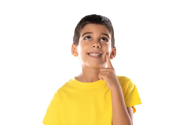 Pensive Pojke Tittar Upp Isolerad Vit Bakgrund — Stockfoto