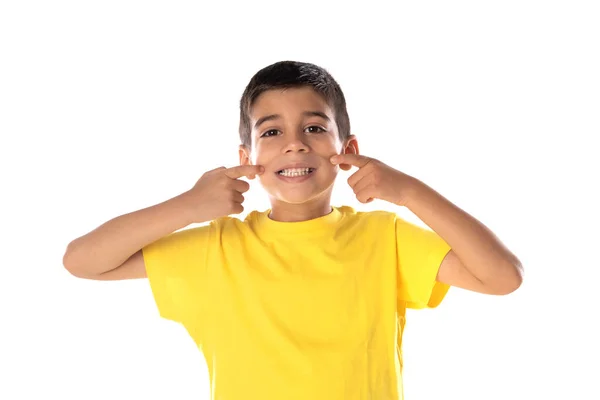 Adorable Latin Boy Weraring Yellow Shirt Isolated White Background — Zdjęcie stockowe