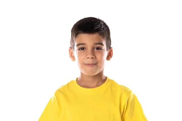 Adorable Latin Boy Weraring Yellow Shirt Isolated White Background — Fotografia de Stock